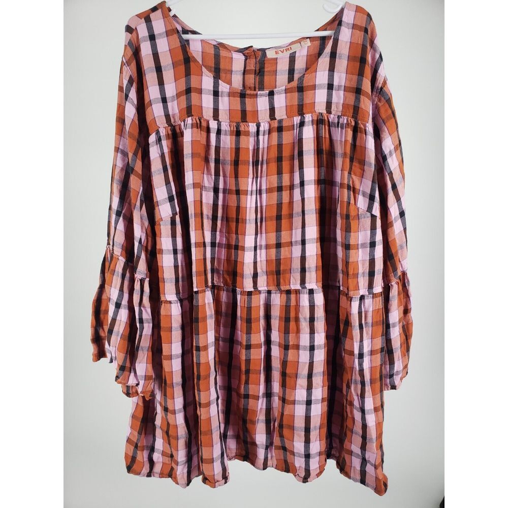 EVRI Summer Check Plaid 3/4 Sleeve Tiered Blouse Top Size 3X‎ Loose Fit Colorful